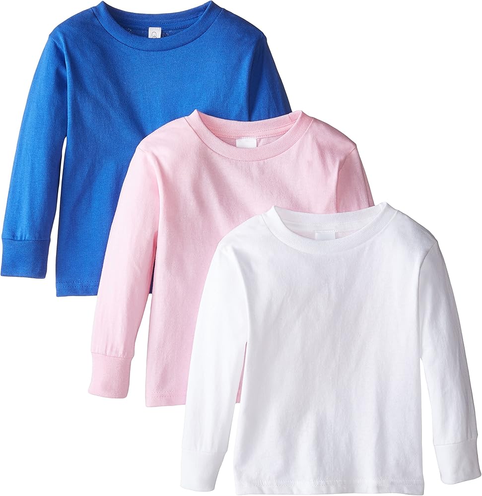 Clementine Little Girls' Toddler Long Sleeve Basic T-Shirt Three-Pack,White/Royal/Pink,4T