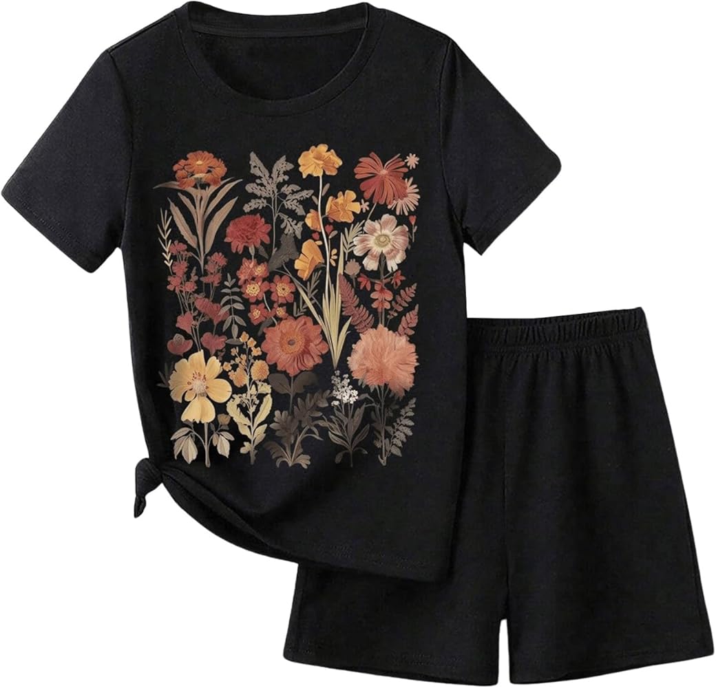 Floerns Girl's 2 Piece Outfits Floral Short Sleeve Tee and Shorts Clothing Set