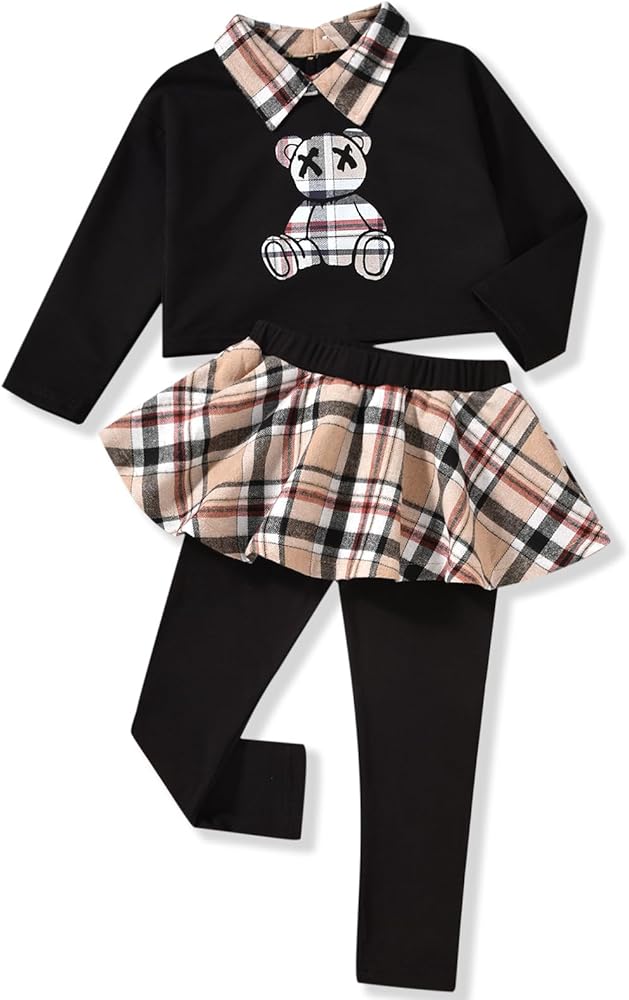 HINTINA Toddler Little Girl Letter Print Sweatshirt Top Plaid Skirt Pants Fall Winter Outfits