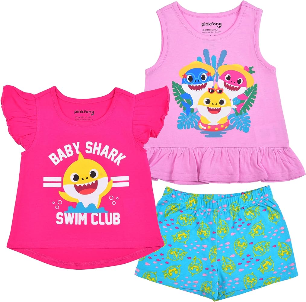 Nickelodeon Baby Shark Girls’ T-Shirt, Tank Top and Short Set for Infant and Toddler – Pink/Blue Or Multicolor/Grey/Blue