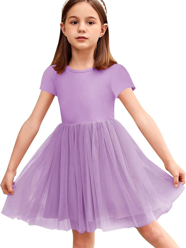 Batermoon Girls Tutu Dress Kids Short Sleeve Summer Dresses Casual Party Tulle Prom Sundress 5-14Y