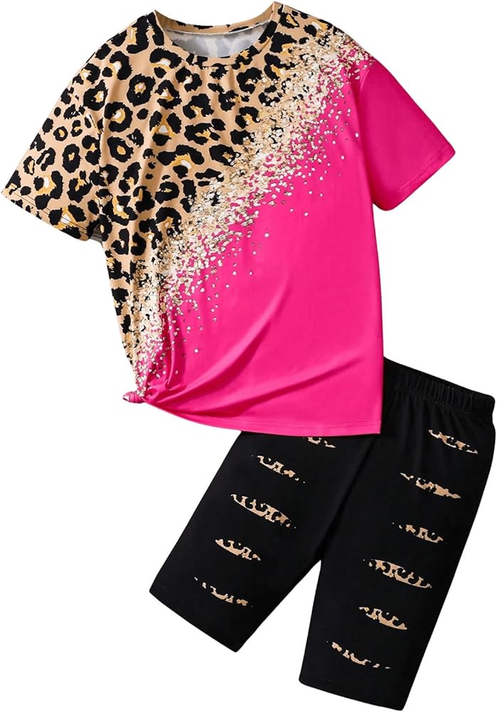 Floerns Girl's 2 Piece Outfit Leopard Sequin Patchwork Top and Elastic Waist Bermuda shorts Sets