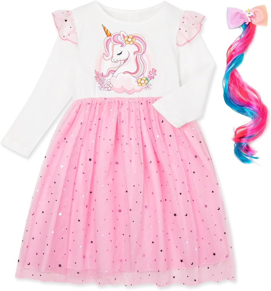 Girls Unicorn Dress Casual Swing Party Shirt Tutu Dress with Braids Hair 2PCS 4-7 Year