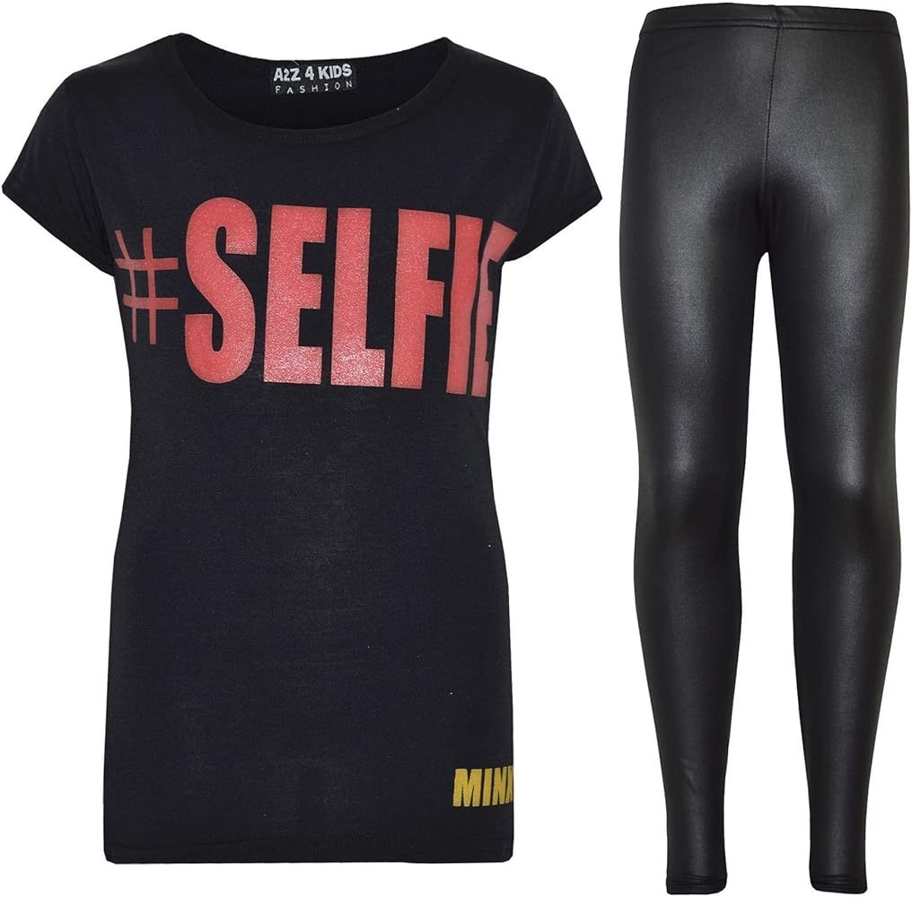 Girls Top Kids Designer's #Selfie Print T Shirt & Fashion Legging Set 7-13 Year