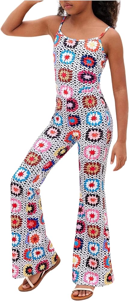 Floerns Girl's 2 Piece Sets Crochet Floral Sleeveless Cami Top Flare Leg Pants Set