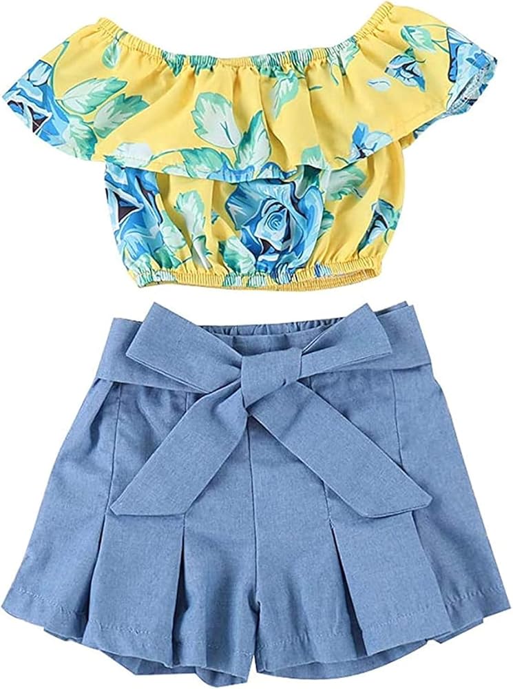 Toddler Baby Girls Floral Outfits Ruffle Off Shoulder Crop Tops + Bowknot Denim Shorts Skirts Clothes Sets