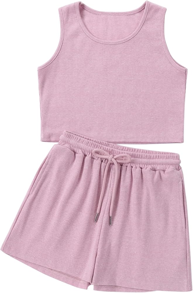 Mebius Girl's 2 Piece Outfit Crop Tops Shorts Set Ribbed Knit Cropped Tank Tops Sleeveless Round Neck