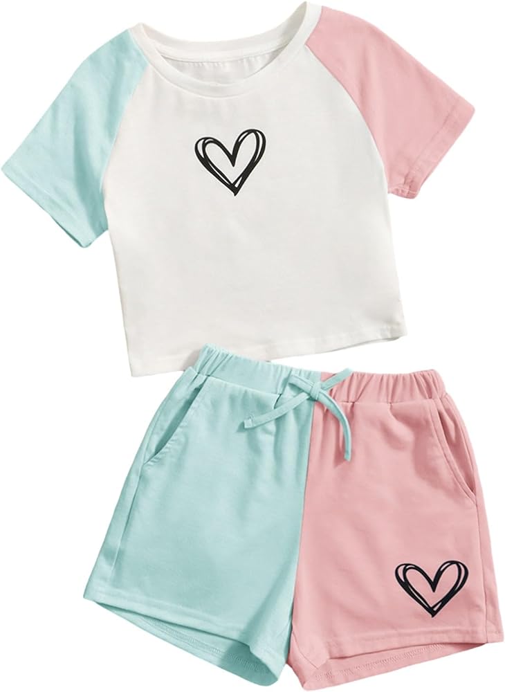 SOLY HUX Girl's Colorblock Heart Print Raglan Short Sleeve T Shirt and Shorts 2 Piece Summer Outfit