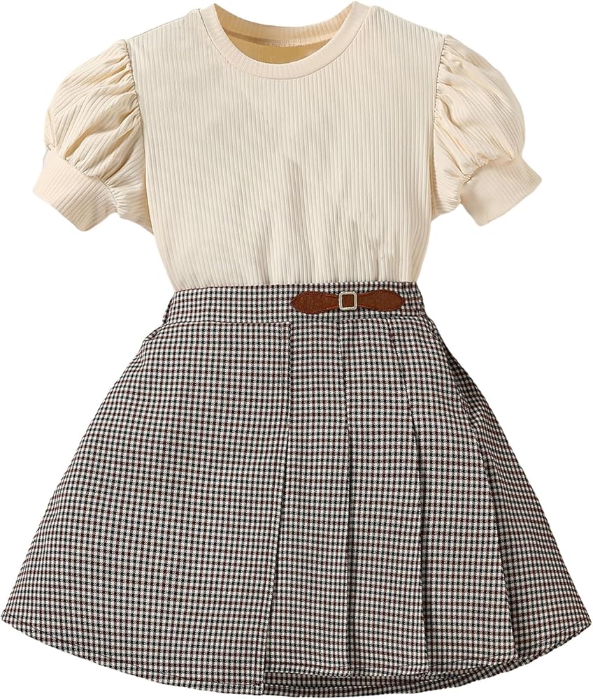 OYOANGLE Girl's 2 Piece Outfits Short Puff Sleeve Rib Knit Top and Plaid Mini Pleated Skirt Set