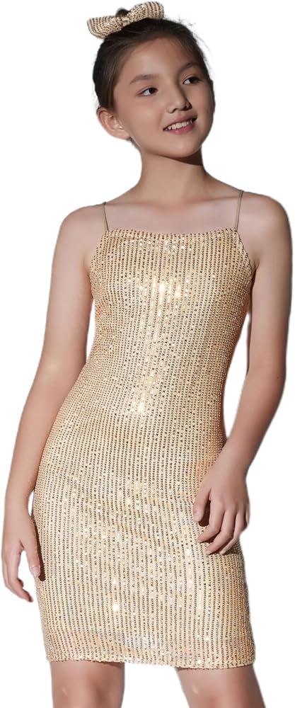 Mebius Girls Sequin Party Dress Bodycon Spaghetti Strap Mini Sparkle School Dance Birthday Special Occasion Dress 8-14Y