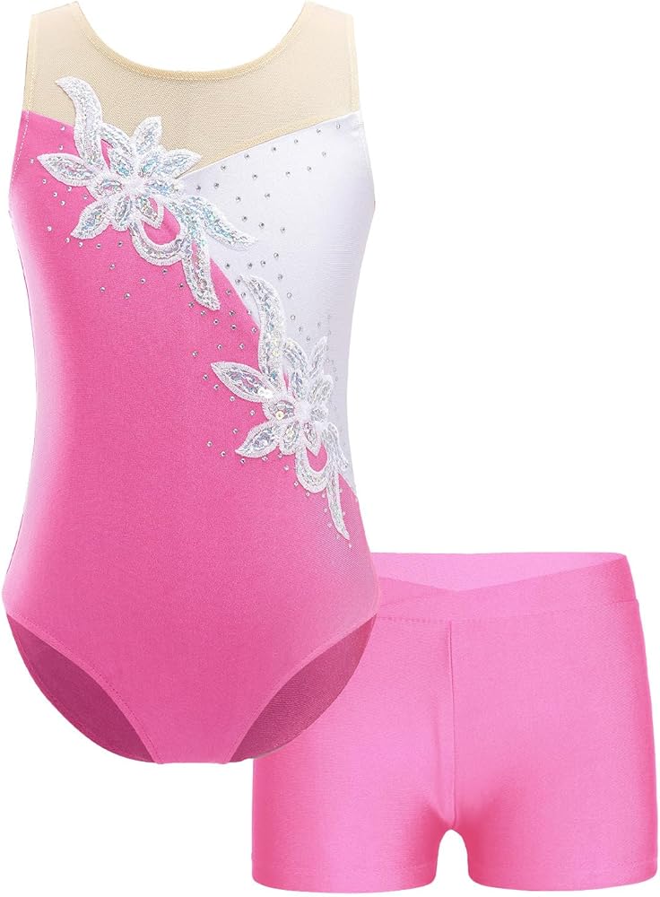 Kids Girls Rhinestone Floral Gymnastics Dance 2 Piece Outfits Sleeveless Leotards with Athletic Shorts Sets Tracksuit