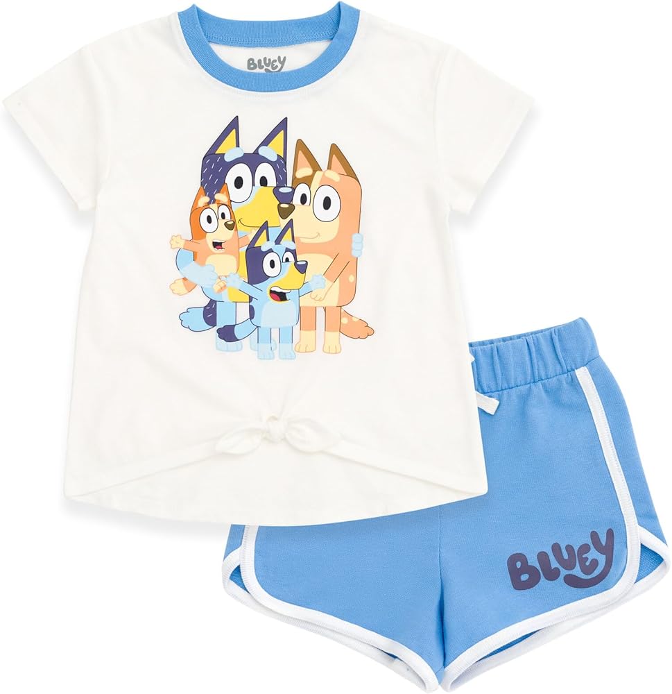 Bluey Girls T-Shirt and French Terry Dolphin Shorts Outfit Set Toddler to Big Kid Sizes (2T - 10-12)