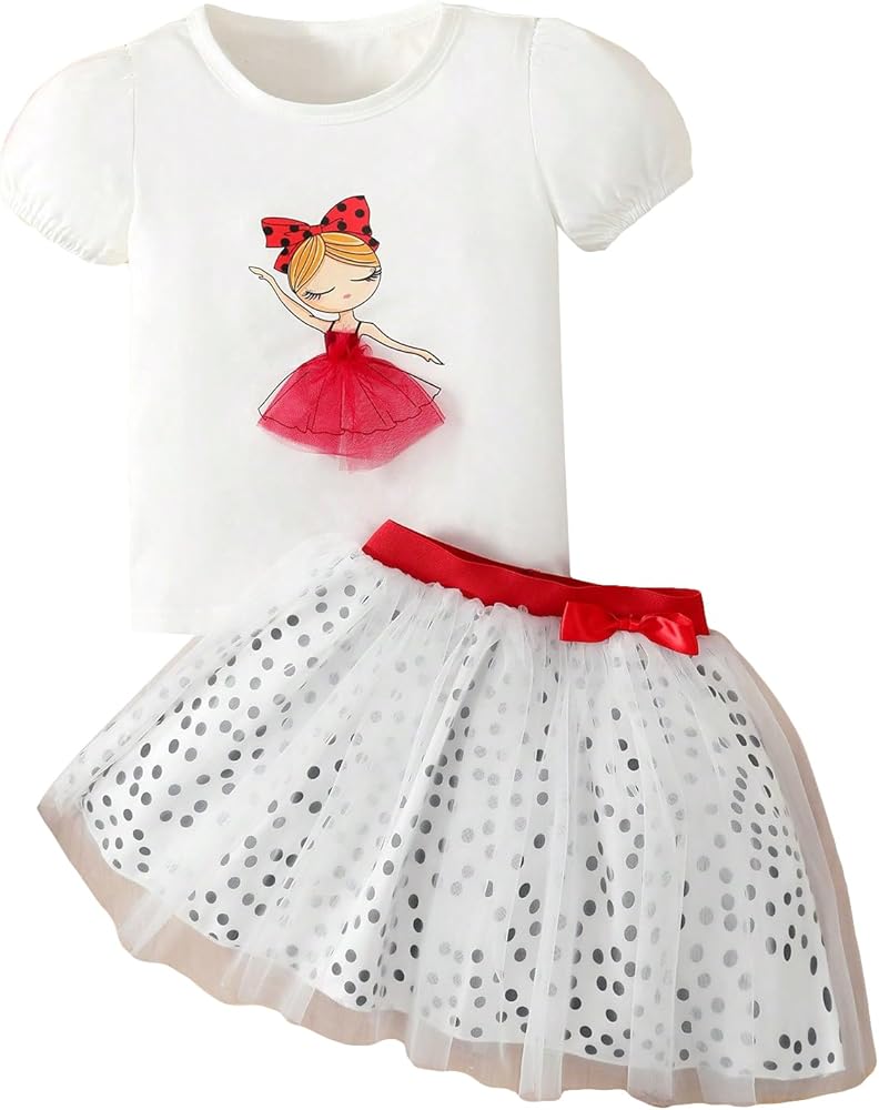 Girl's 2 Piece Outfits Puff Sleeve Graphic T Shirt and Bow Front Mesh Mini Skirt Set