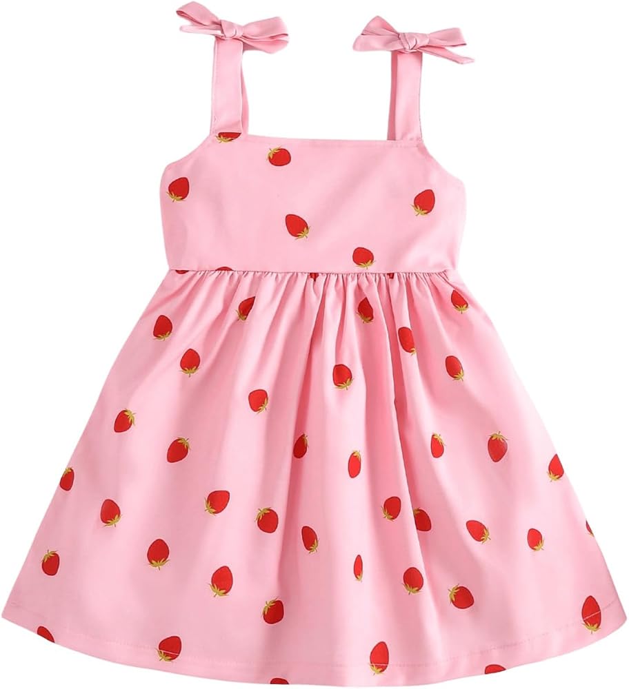 Girl's Sleeveless Cami Dress Strawberry Print Bows on Straps Ruched A Line Casual Short Dresses