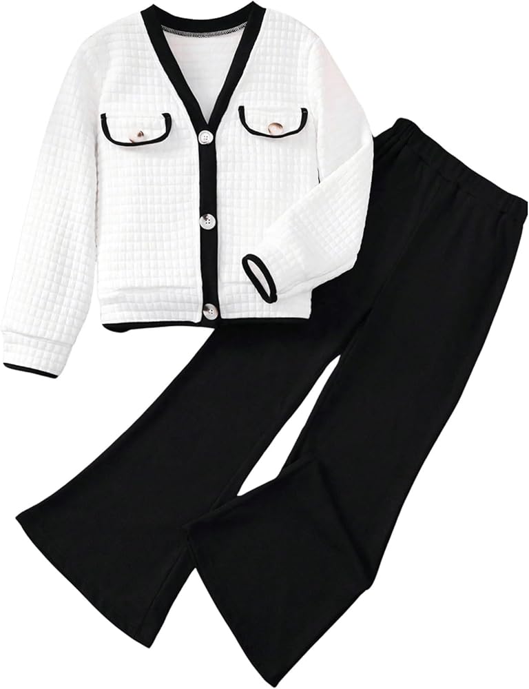 OYOANGLE Girl's 2 Piece Outfits Long Sleeve Button Front V Neck Cardigan Coat and Flared Pants Set