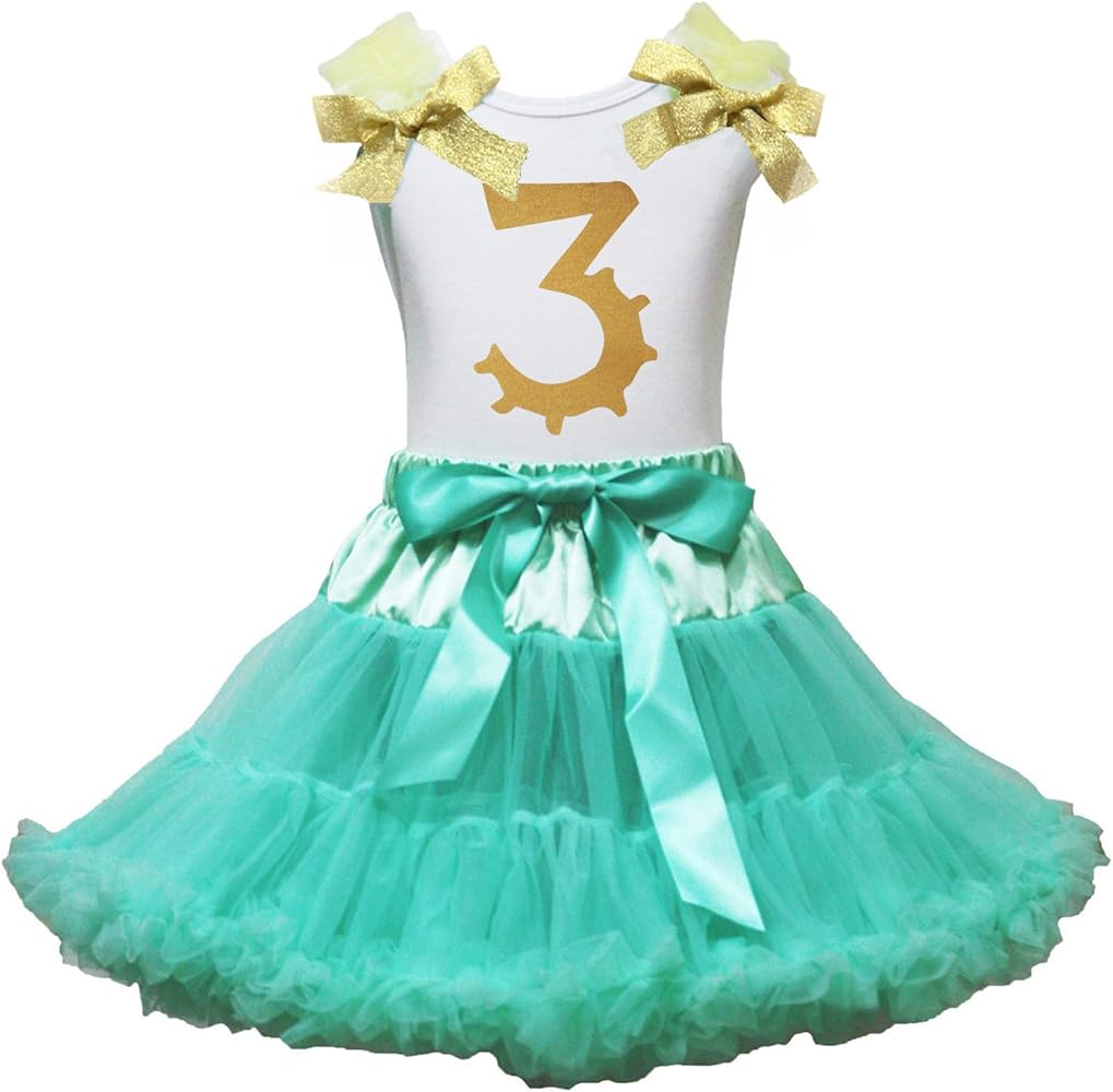 Petitebella Birthday Dress Golden 3rd White Cotton Shirt Aqua Blue Skirt Girl Outfit 1-8y