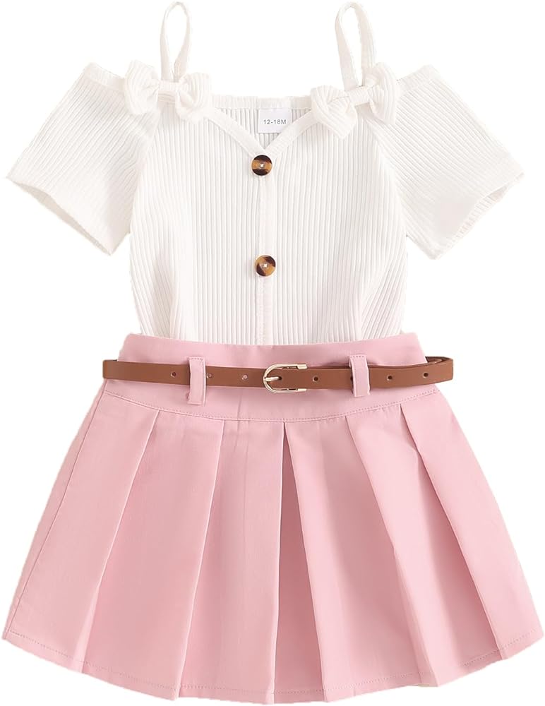 Toddler Girl Skirt Outfit Ribbed Knit Cold Shoulder Top+Pleated A-Line Mini Skirt with Belt Kids 2Pcs Summer Clothes