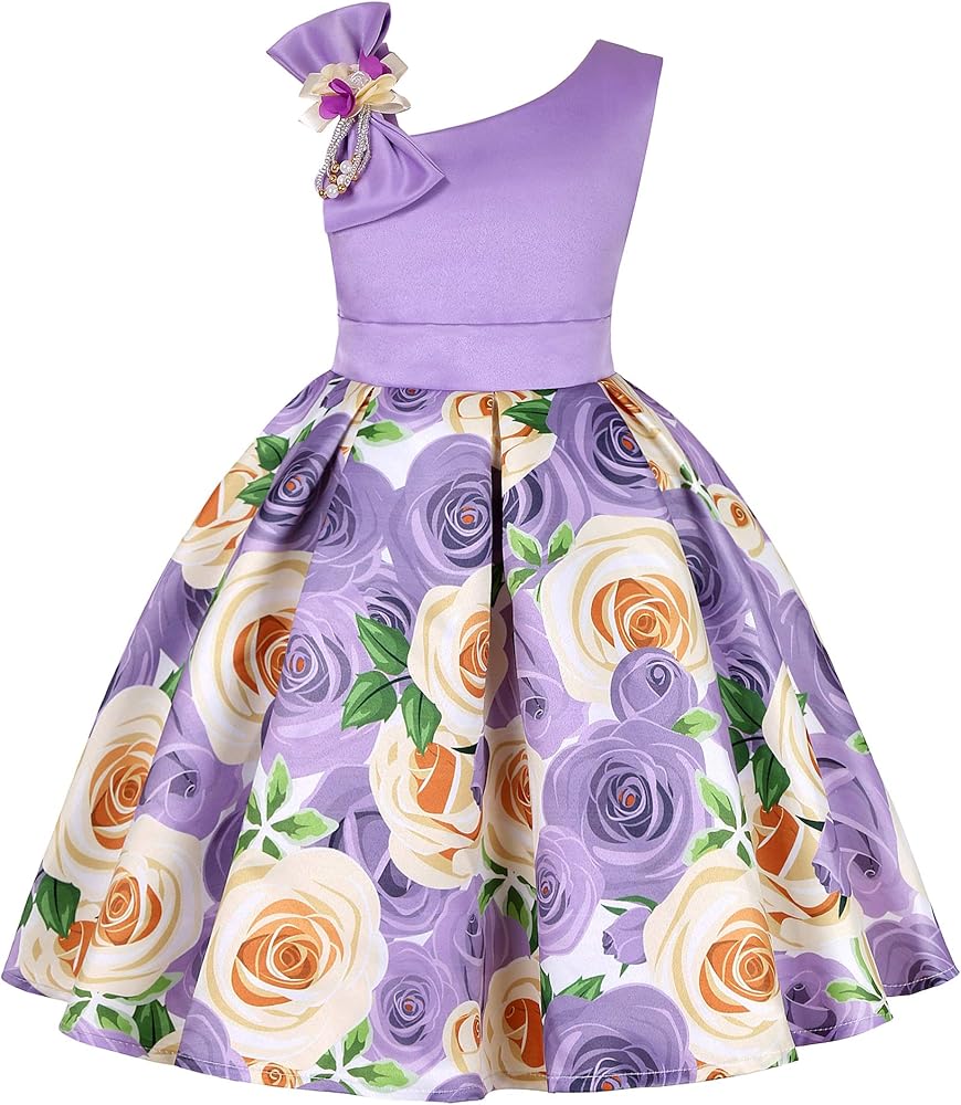 Quenny Children's New Oblique Shoulder Dress,Girls' Rose Printed Dress.