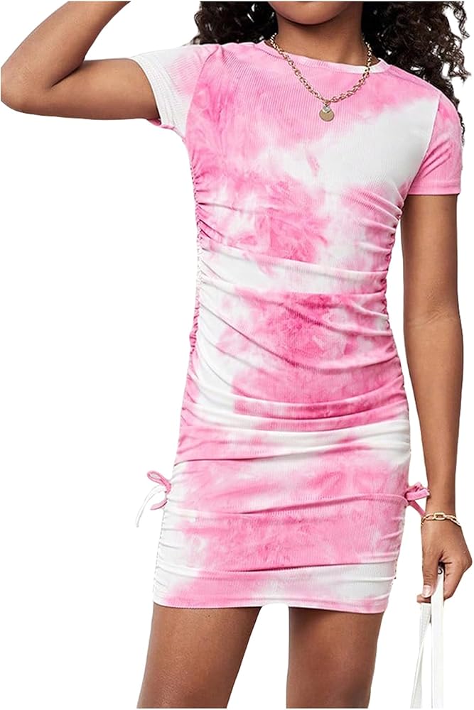 OYOANGLE Girl's Tie Dye Drawstring Ruched Short Sleeve Round Neck Bodycon Dress