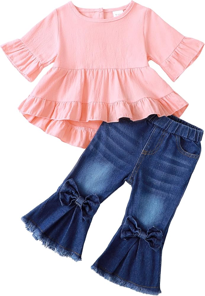 Kucnuzki Toddler Baby Girls Clothes Short Sleeve Shirt Top Flare Denim Jeans 2 Piece Outfits For Girls Cute Clothing Set