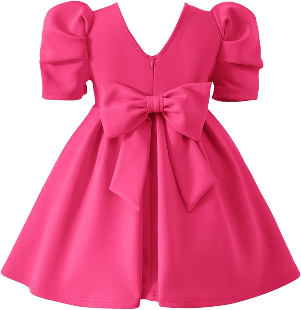 OYOANGLE Girl's Cute Short Puff Sleeve Round Neck Bow Back Flared A Line Short Dress Birthday Outfits