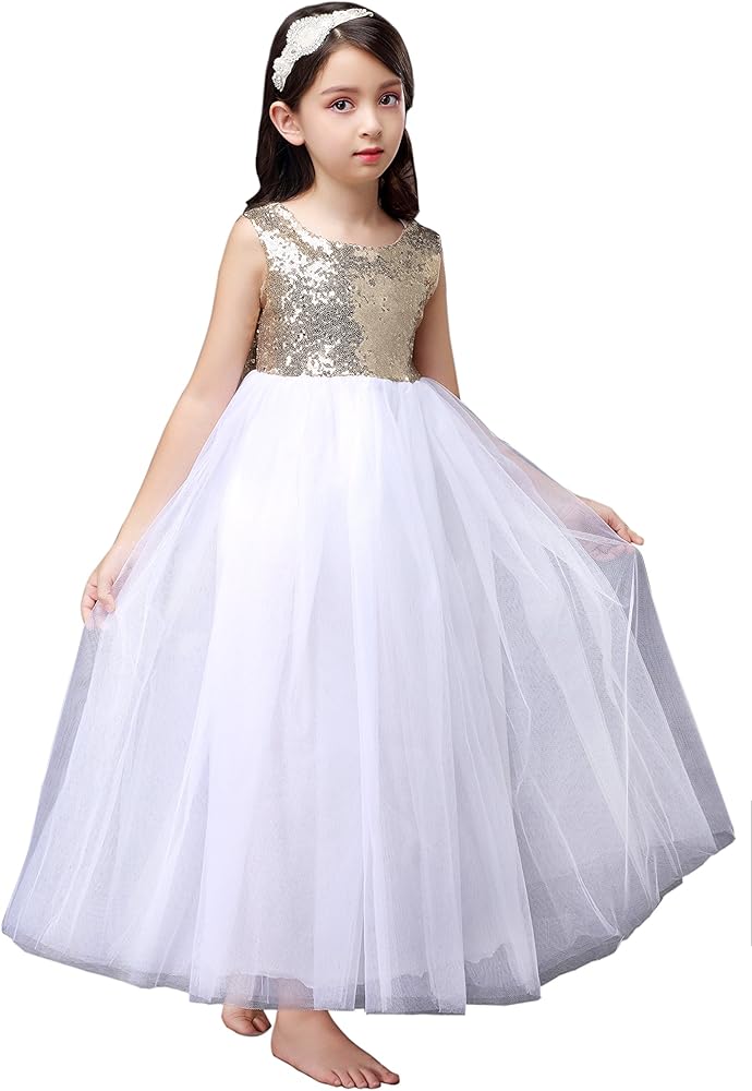 White Ivory Tulle Gold Silver Sequin Flower Girl Christmas New Year Party Ankle Floor Dress D26