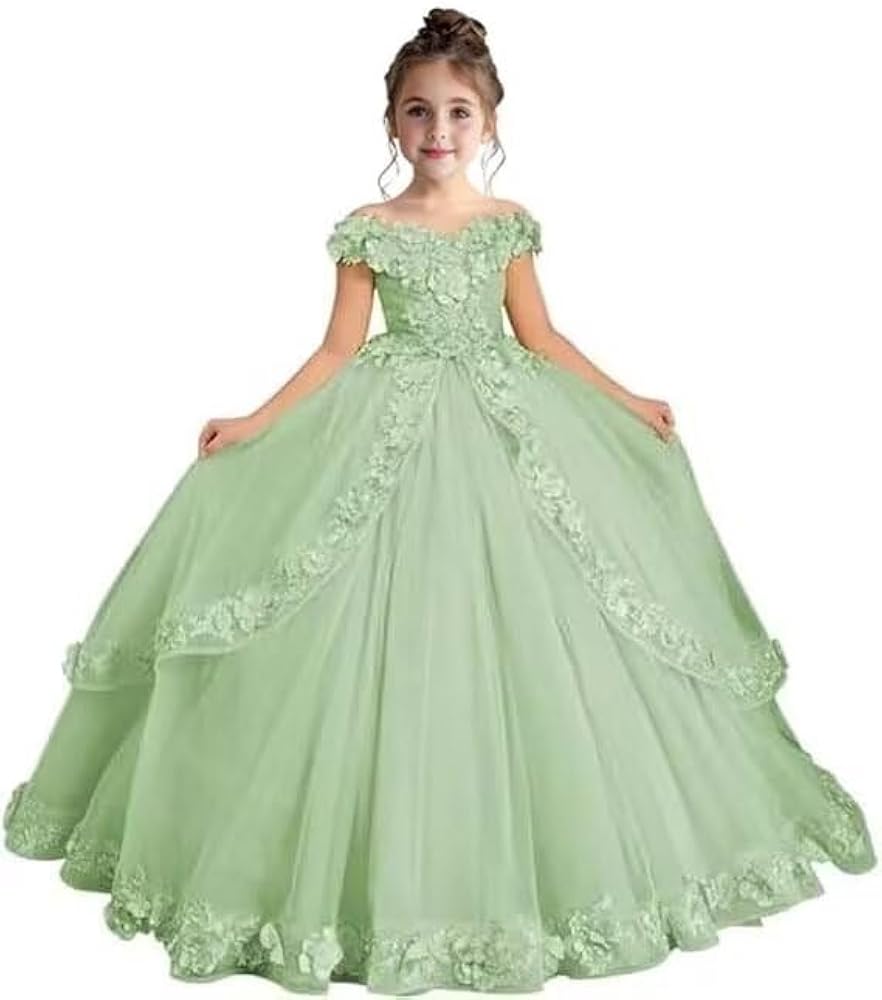 Flower Girl Dress Tulle Pageant Dresses for Girls Off Shoulder Lace Princess Party Ball Gown First Communion Dress