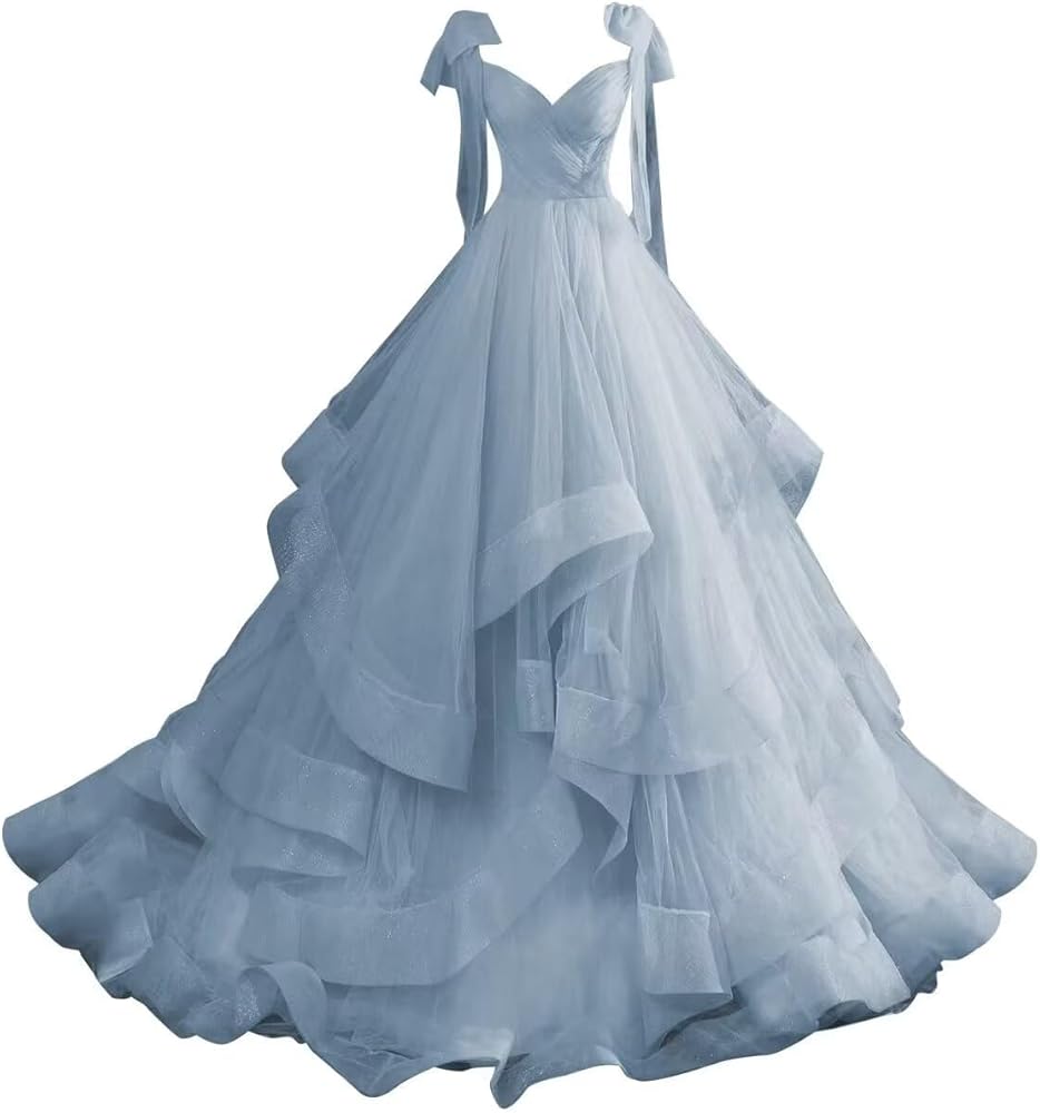 CWOAPO Layered Ruffles Tulle Ball Gowns Spaghetti Straps Prom Dress Long V Neck Bow Princess Quinceanera Dresses