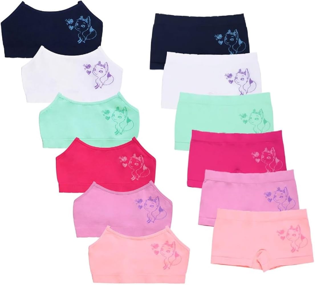 I&S Girl's Pack of 6 Sets of Matching Spaghetti Strap Bras & Seamless BoyShorts or Bikinis (Small, Umbrella Kitty Flowers)