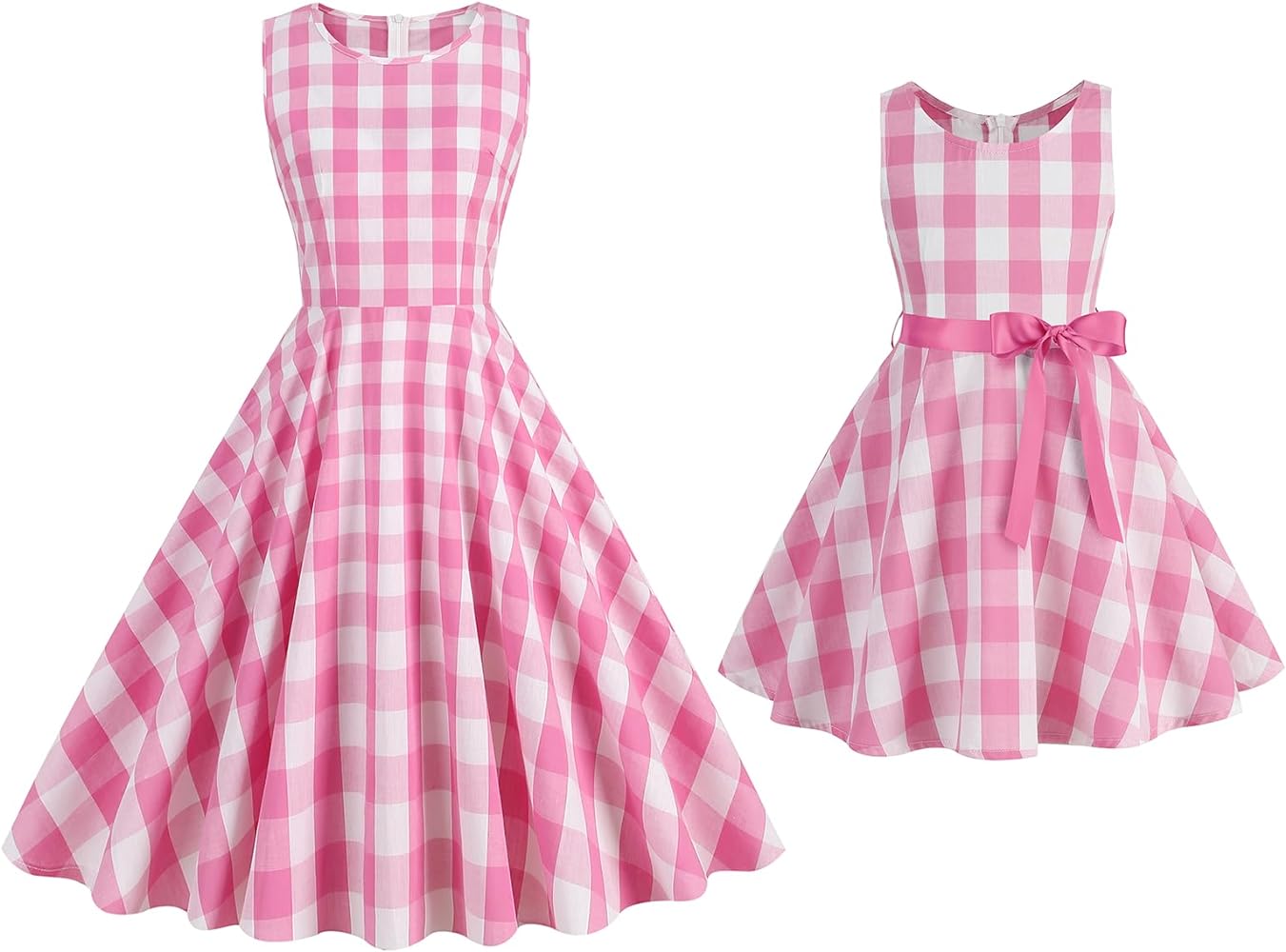 AWIBMK Mommy and Me Dresses Pink Plaid 1950s 50s Rockabilly Audrey Hepburn Swing Dress for Mother and Daughter Outfits