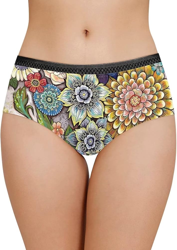 YEXIATODO Hippie Floral Girls Underwear 100% Cotton Underwear Women Ultra-Soft Cheeky Panties Underpants Comfort Students Girls Panties Size L (Black Edge)