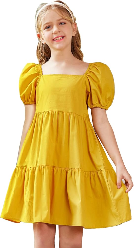 Arshiner Girls Dress Puff Sleeve A-Line Classic Elegant Beach Ruffled Loose Tiered Ruffle Casual Dresses Square Neck