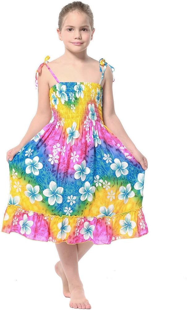 Girl Rainbow Floral Hawaiian Luau Dress in Rainbow Floral in Various Styles