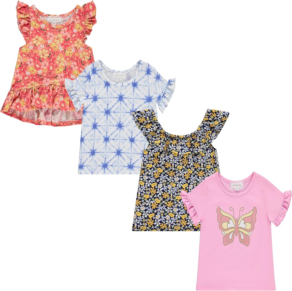 BTween 4-Pack Girls' Tops, Tees & Blouses - Short Sleeve Tshirts, Ruffle Top and Off Shoulder Shirt Bundle