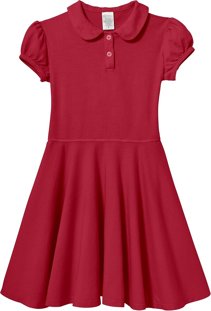 City Threads Girls' Peter Pan Collar All-Cotton Polo Puff Sleeve Tee Dress Top for School & Play