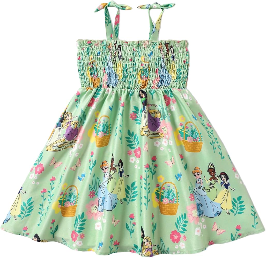 Disney Princess Dress Toddler Girl Dress Bow Strap Toddler Dress Smocking Sundress 2-6 Years