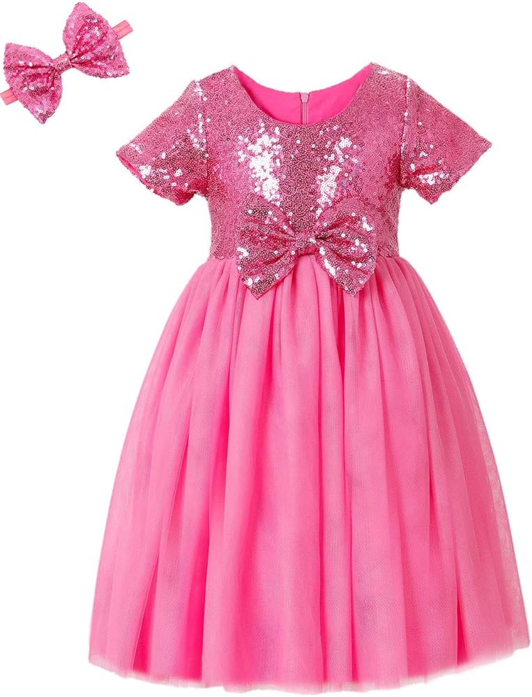 Cilucu Toddlers Sequin Tutu Dress for Girls Adorable Bow Dress Short Sleeve Sparkle