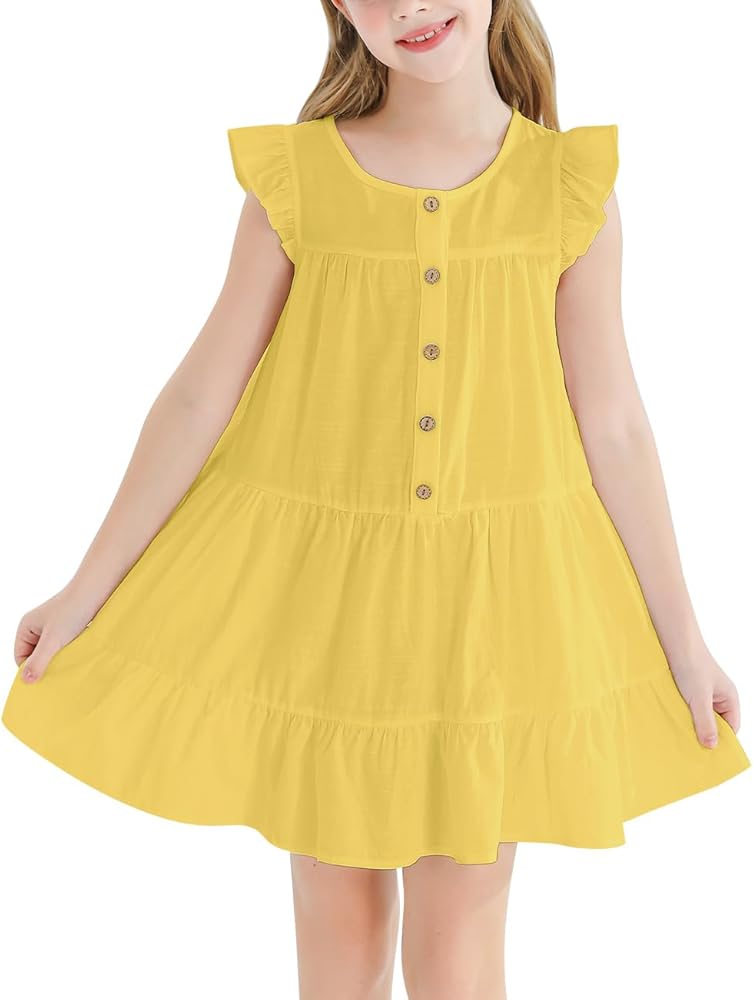 Girls Dresses Button Down Flutter Sleeve A-Line Sundress Casual Tiered Swing Midi Dresses for 6-14 Years Kids