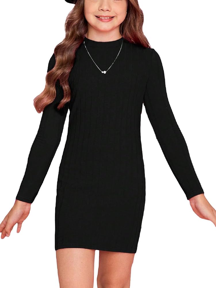 Floerns Girls Long Sleeve Mock Neck Rib Knit Fitted Pencil Dress