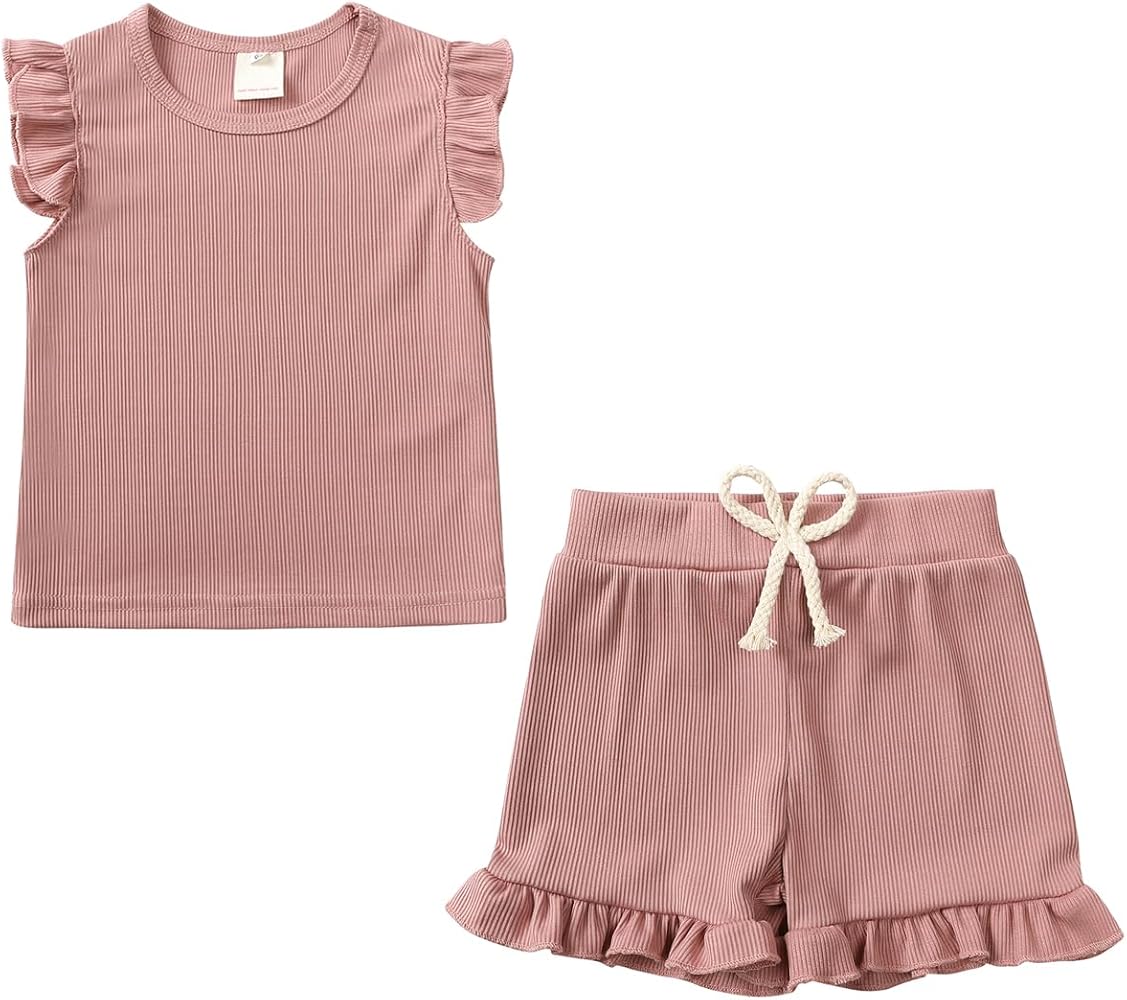 Little Girls Summer Ribbed Knit Outfits Short Sleeve Ruffle Sleeve Tops + Elastic Waist Shorts Clothes 2PCS