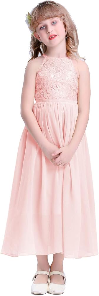 Girls Lace Party Wedding Long Chiffon Junior Bridesmaid Dress