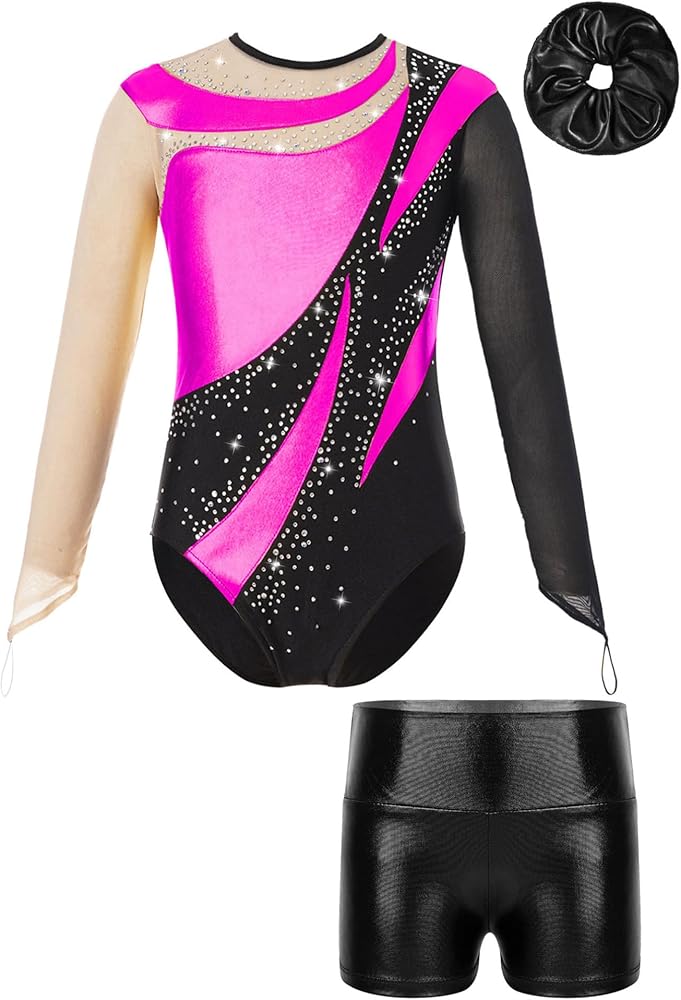 YiZYiF Kids Girls Long Sleeve Gymnastic Leotard with Athletic Shorts Sets Hair Scrunchie Ballet Dance Outfits Dancewear