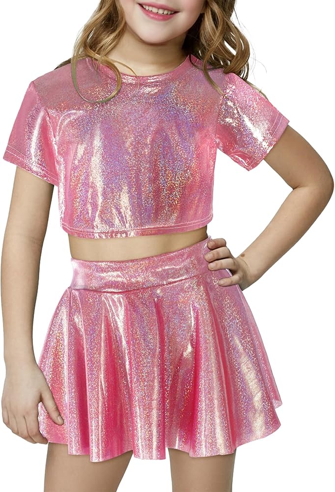 Happy Cherry 2Pcs Kids Girls Shiny Metallic Short Sleeve Crop Top with Pleated Skirt Set Dancewear Performance Costumes