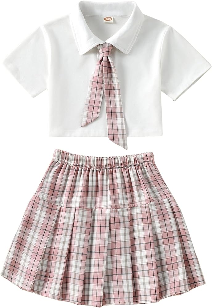 Milumia Girl's Two Piece Outfits Short Sleeve Polo Shirt and Plaid Pleated Skirt Set Pink and White 9 Years