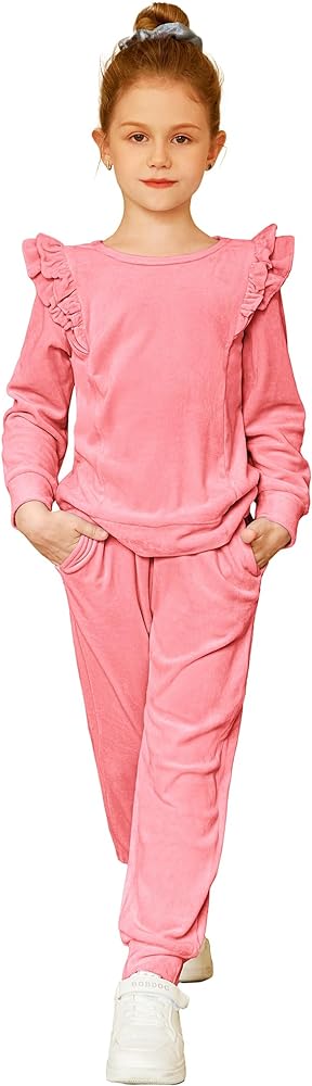 Arshiner Girls 2 Piece Outfits Velour Tracksuit Cute Clothes Sweatsuit Ruffle Pullover Sweatshirt Sweatpants Clothing Sets