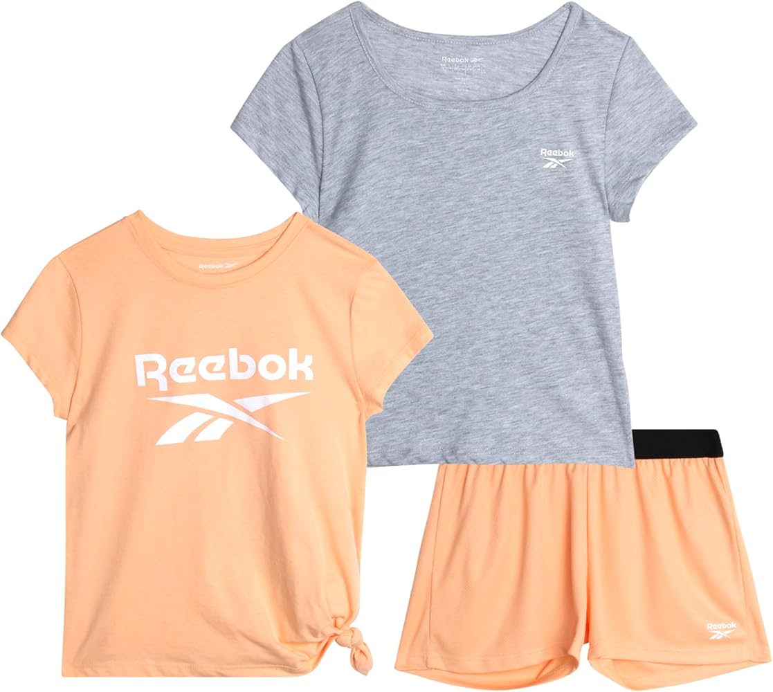 Reebok Girls' Active Shorts Set - 3 Piece: 2 Short Sleeve T-Shirts and Mesh Dolphin Shorts - Girls Summer Athletic Set (7-12)