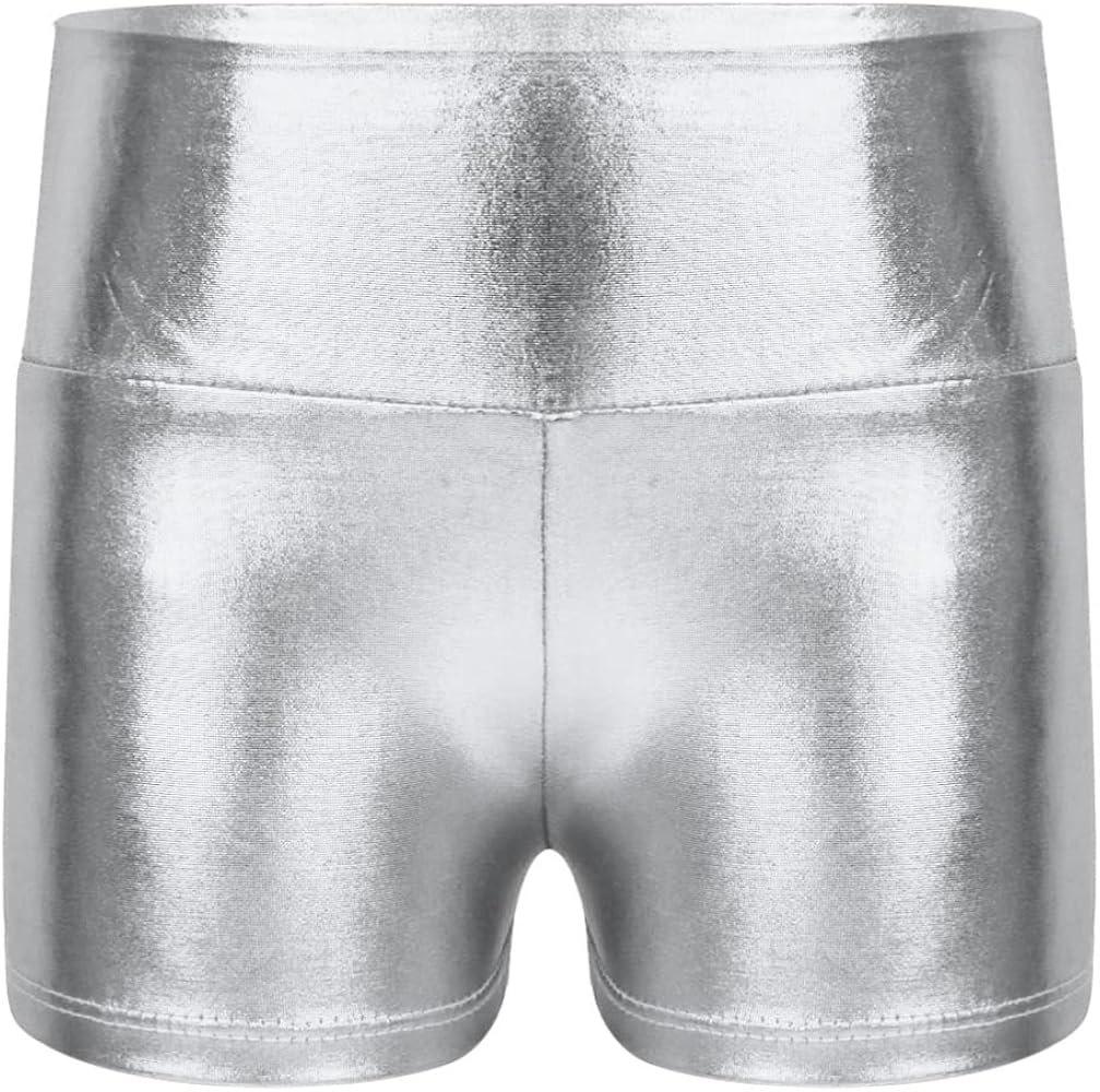 CHICTRY Kids Girls Metallic Shiny Stretch High Waisted Athletic Booty Dance Shorts