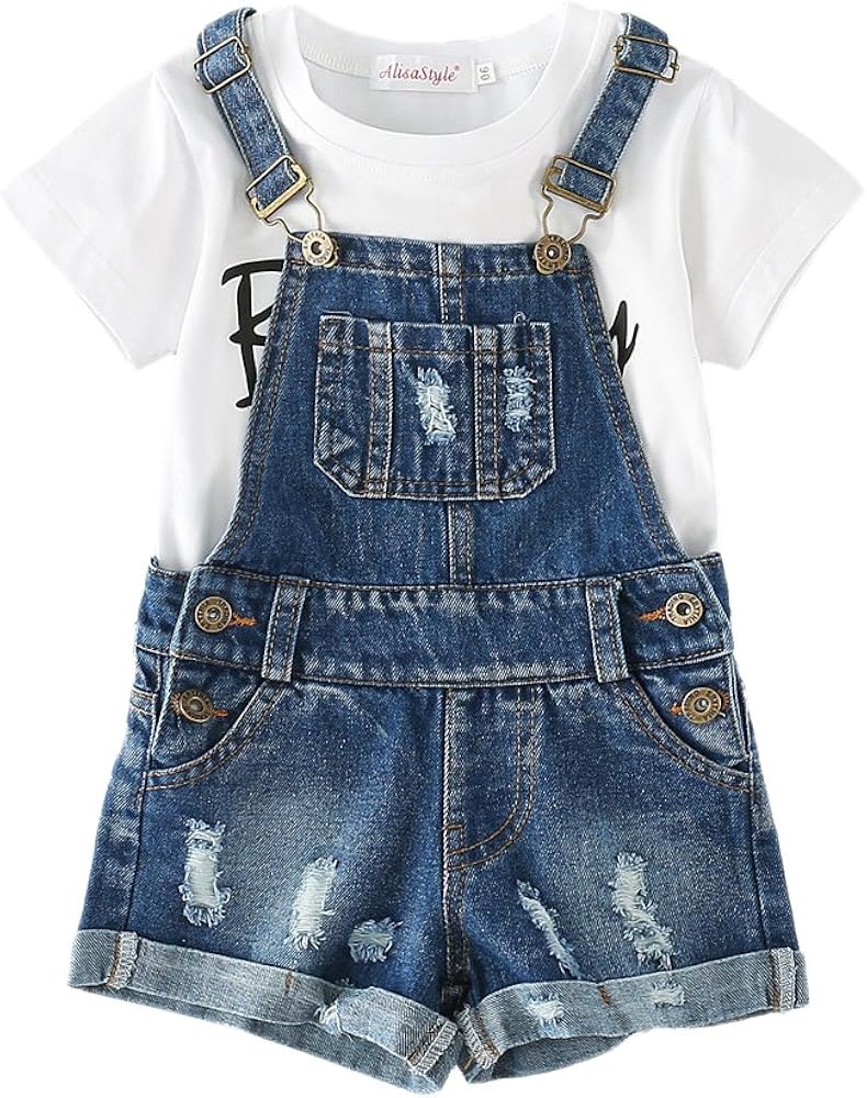 Big&Little Girls 2Pc Big Bib Jeans Summer Shortalls Set T-Shirts