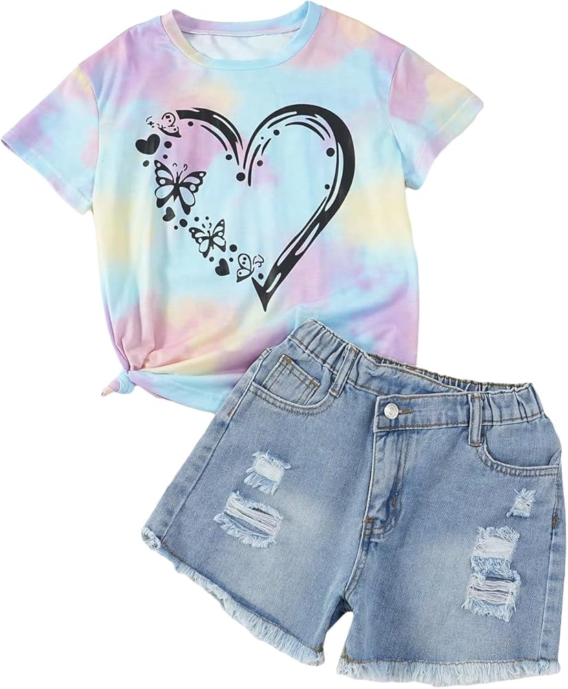 Girl's 2 Piece Tie Dye Heart Print Round Neck Short Sleeve Tee Top and Raw Trim Denim Shorts Ripped Jeans Sets