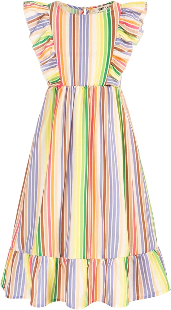 GRACE KARIN Girls Dress Ruffle Sleeve Striped Floral Spring Summer Dress for Kids 6-14Y